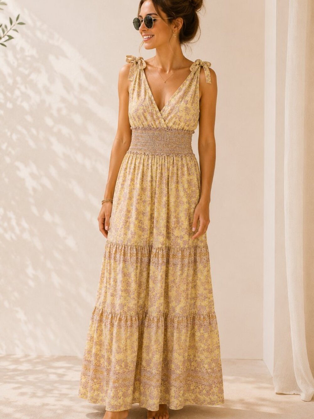 Summer Butter Yellow Floral Maxi Dress Tie Shoulder Smocked Waist Shimmer XL
